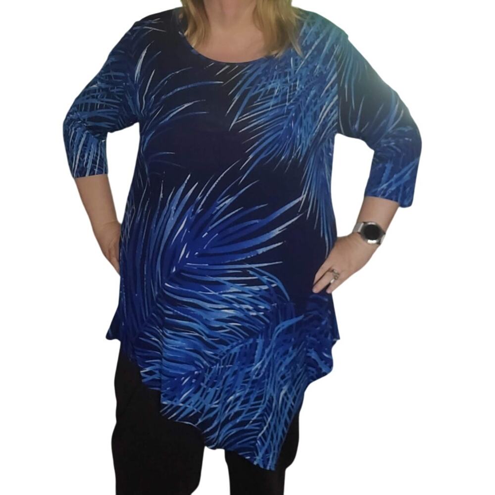 Clara Sun Woo Size XL Jersey Blue Abstract Leaf Artsy Lagenlook Tunic Top Asym